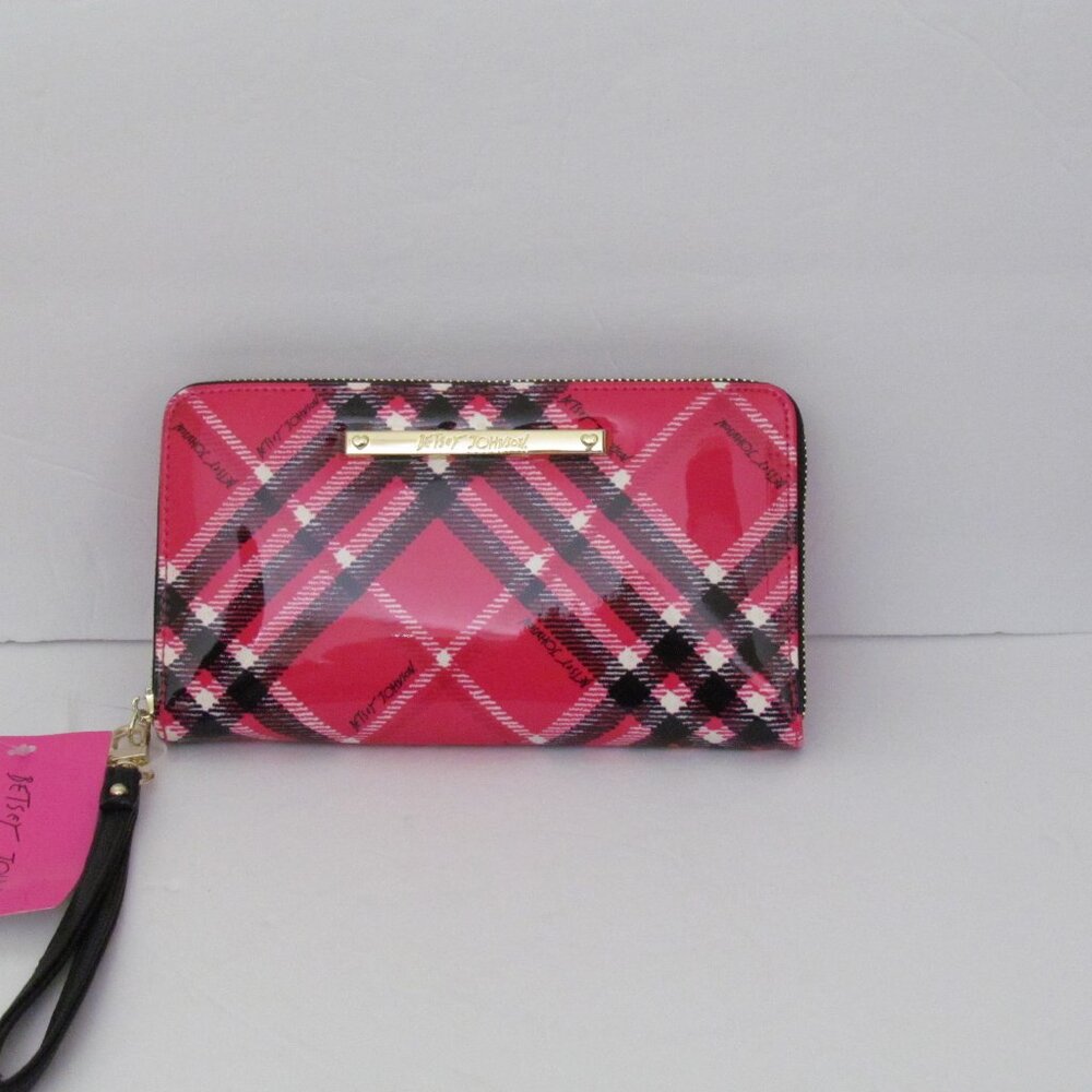 Betsey Johnson Pink/Black/White Patent Leather Plaid Wristlet/Wallet NWT